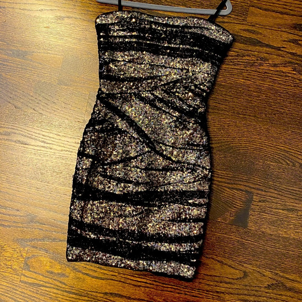 BEBE sequin and tulle mini dress